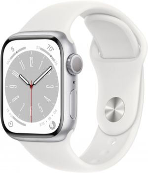 Apple Watch Series 8, 41 мм, корпус из алюминия серебристого цвета, спортивный ремешок белого цвета