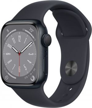 Apple Watch Series 8, 45 мм, корпус из алюминия цвета «тёмная ночь», спортивный ремешок цвета «тёмная ночь»