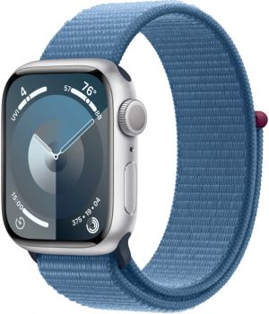 Apple Watch Series 9, 45 мм, корпус из алюминия серебристого цвета, нейлоновый ремешок цвета «ледяной синий»