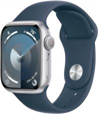 Apple Watch Series 9, 41 мм, корпус из алюминия серебристого цвета, спортивный ремешок цвета «грозовой синий», размер M/L