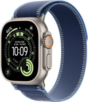 Apple Watch Ultra 3, Natural Titanium Case with Blue/Bright Blue Trail Loop (S/M)