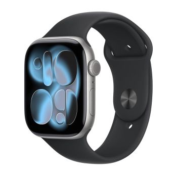 Apple Watch Series 11, 46 mm, Silver Aluminum Black Sport Band (S/M)