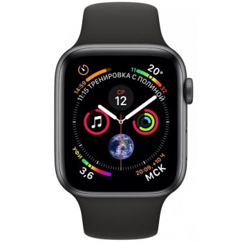 Apple Watch Series 4, 40 мм, корпус из алюминия цвета «серый космос», спортивный ремешок черного цвета